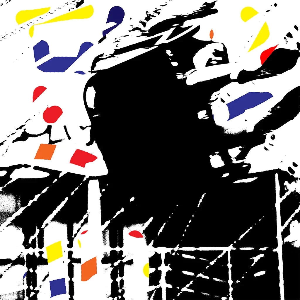 girl sitting in a black chair flying in the air, pop art, splash of red, yellow and blue. Pop art