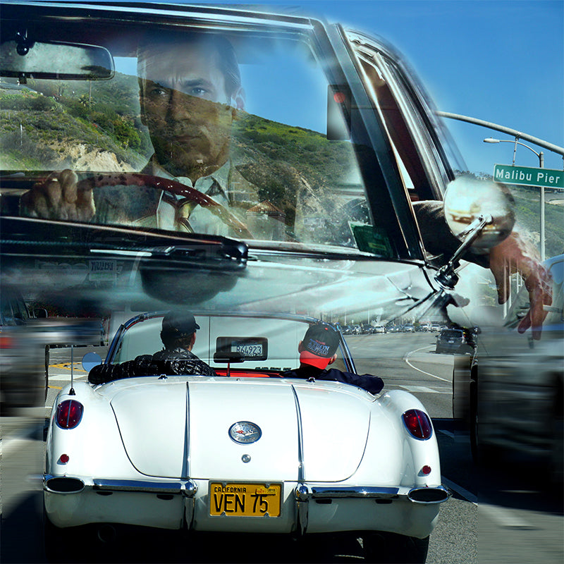 photography white car in Malibu, CA with tv show mad men driving composite in photoshop by artist Fran Lamothe